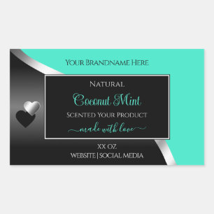 Sticker Rectangulaire Turquoise Black Wavy Silver Coeurs mignons Étiquet
