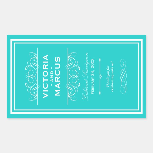 Sticker Rectangulaire Turquoise Elégant Mariage Monogramme Bouteille de  (Devant)
