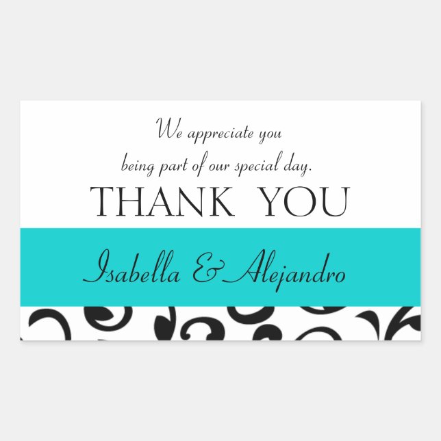 Sticker Rectangulaire Turquoise, Noir Mariage Faveur Merci Message (Devant)