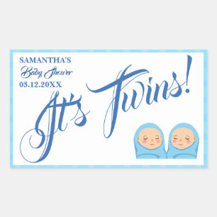 Sticker Rectangulaire Twins Boys Baby shower Party Blue.