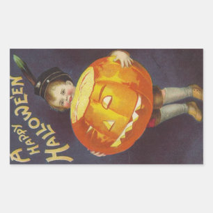 Sticker Rectangulaire Un joyeux garçon d'Halloween avec un grand Citroui