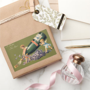 Sticker Rectangulaire Une Bonne Année, Anges Vintage avec Champagne