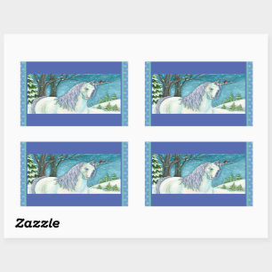 STICKER RECTANGULAIRE UNICORNE D'HIVER ET OISEAUX, PAYSAGE DE NEIGE PAIS