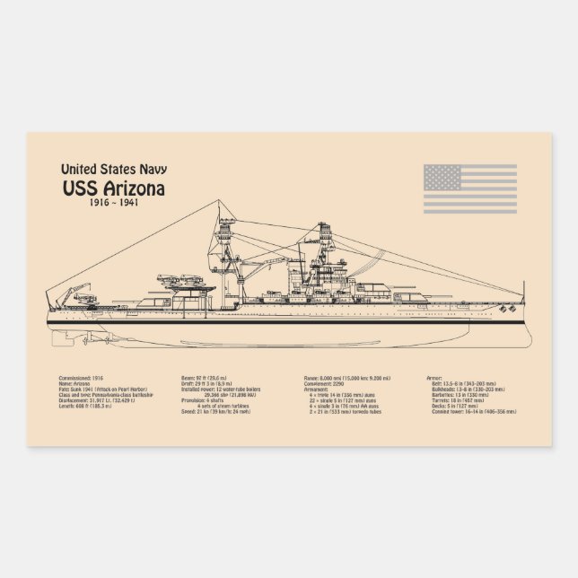 Sticker Rectangulaire USS Arizona - Plan directeur des navires SD (Devant)