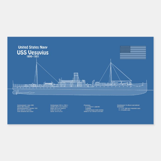 Sticker Rectangulaire USS Vesuvius - Plan de plan d'expédition ABD (Devant)