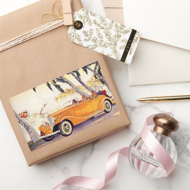 Sticker Rectangulaire Vacances vintage en voiture convertible (Cadeaux)