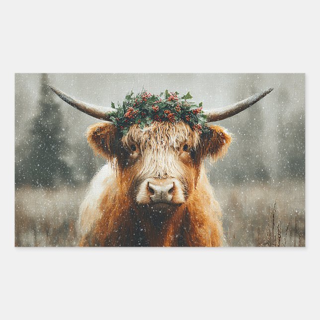 Sticker Rectangulaire Vache des Highlands avec couronne de couronne de N (Devant)
