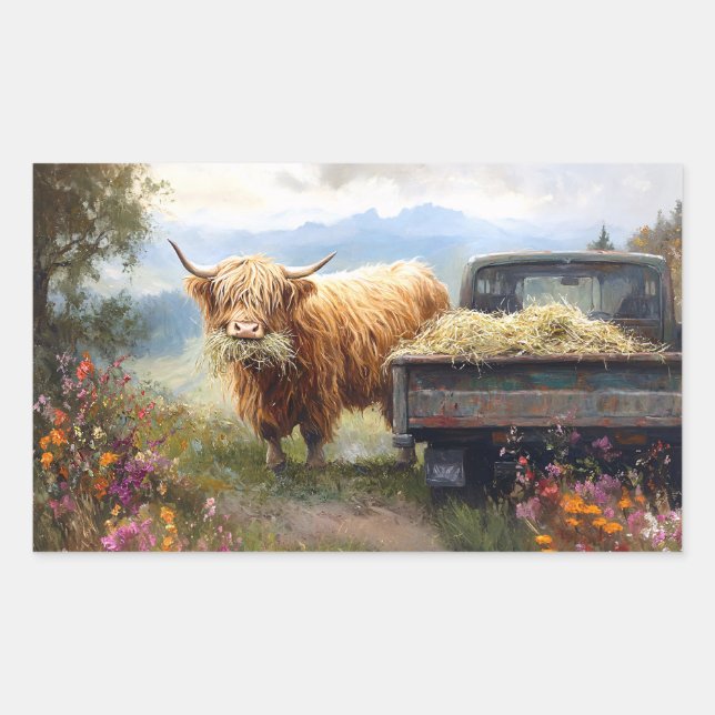Sticker Rectangulaire Vache des Highlands mangeant du foin (Devant)