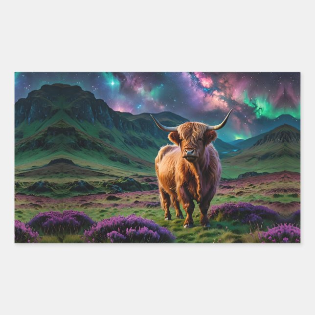 Sticker Rectangulaire Vache Highland sous les étoiles (Devant)