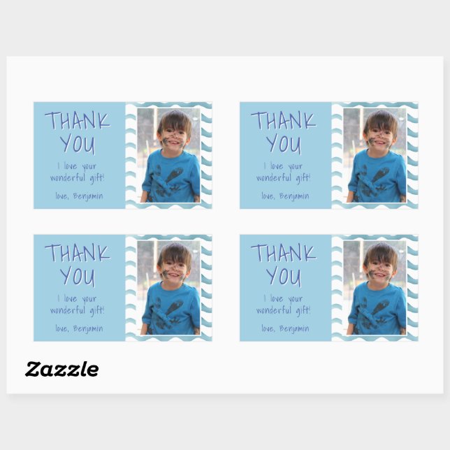 Sticker Rectangulaire Vagues bleues Anniversaire Merci Enfants Photo (Feuille)