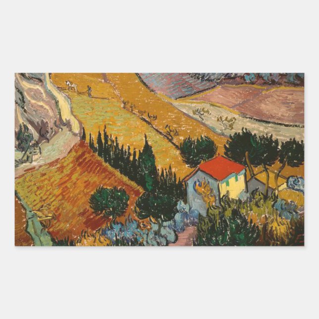 Sticker Rectangulaire Van Gogh Paysage avec Maison et Plowman (Devant)