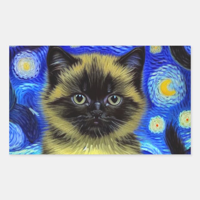 Sticker Rectangulaire Van Gogh Starry Nuit Siamese Cat (Devant)