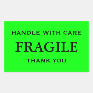 Sticker Rectangulaire Vert citron/Noir Fragile. Manipulez avec soin.