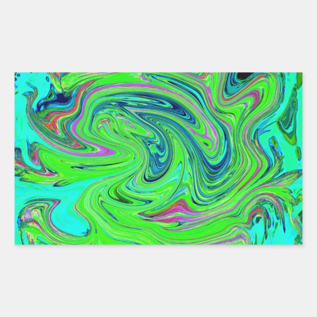 Sticker Rectangulaire Vert lime et Art Abstrait Groovy Bleu Rétro (Devant)