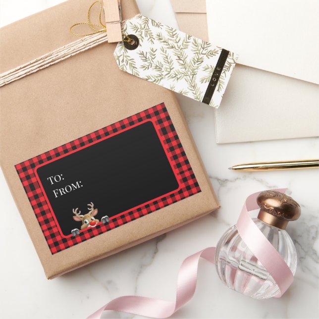 Sticker Rectangulaire Vichy Rouge Noir Buffle avec Renne (Cadeaux)