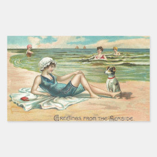 Sticker Rectangulaire Victorian Beach Swim Girl Ocean Summer Vacances