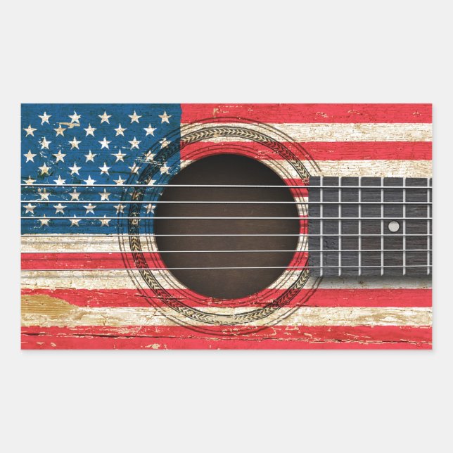 Sticker Rectangulaire Vieille guitare acoustique avec le drapeau (Devant)