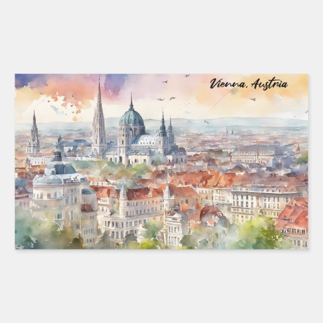 Sticker Rectangulaire Vienna Austria Watercolor Painting Panorama View  (Devant)