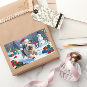 Sticker Rectangulaire Vieux Chien de Berger Anglais courant dans la neig