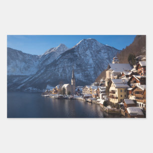 Sticker Rectangulaire Ville de Hallstatt dans la neige en hiver