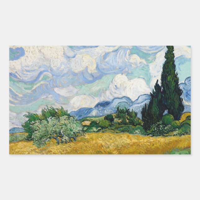 Sticker Rectangulaire Vincent van Gogh - Champ de blé avec cyprès (Devant)