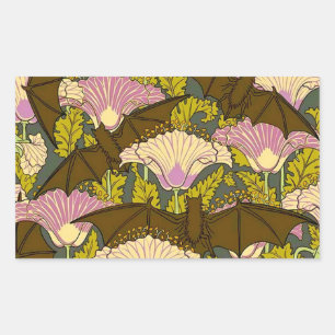 Sticker Rectangulaire Vintage Art Nouveau Chauves-souris et Fleurs Hallo