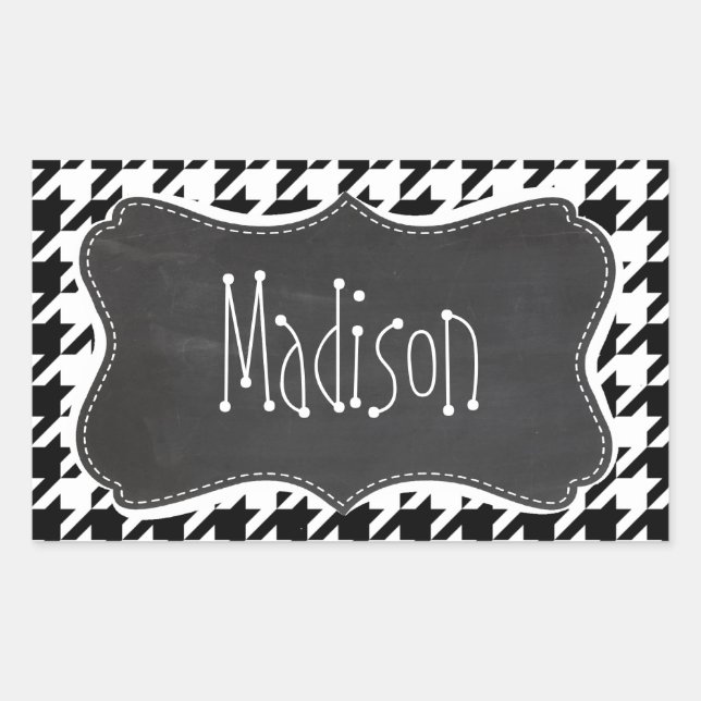 Sticker Rectangulaire Vintage Chalkboard look; Black & White Houndstooth (Devant)