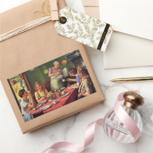 Sticker Rectangulaire Vintage Famille Manger Petit déjeuner dans la cuis