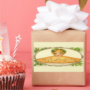 Sticker Rectangulaire Vintage fille surprise pop up dans la tarte de Noë