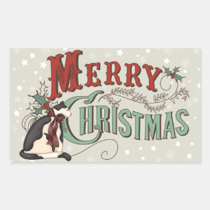 Sticker Rectangulaire Vintage Joyeux Noël Pays Fête de Chat
