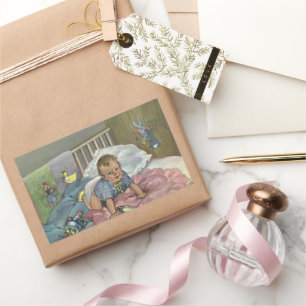 Sticker Rectangulaire Vintage mignonne bébé Jouer dans le lit, Enfant Na