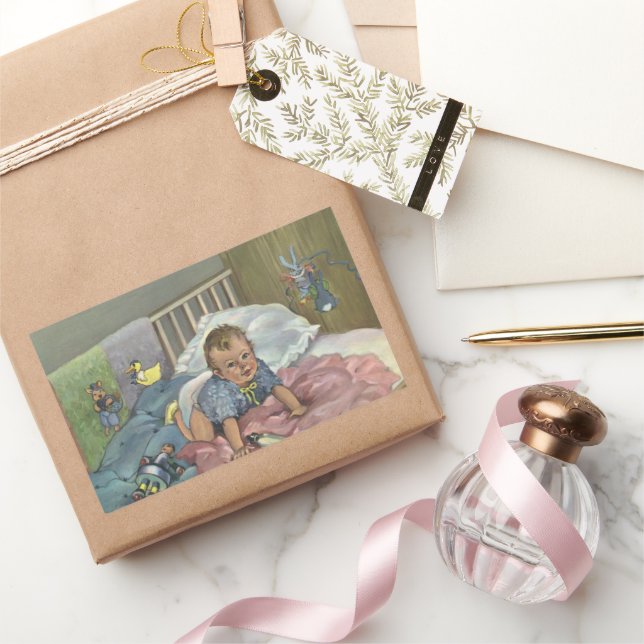 Sticker Rectangulaire Vintage mignonne bébé Jouer dans le lit, Enfant Na (Cadeaux)