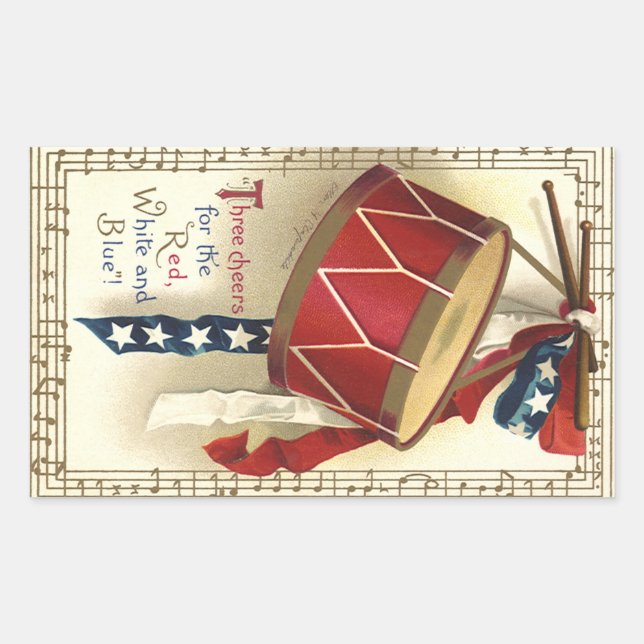 Sticker Rectangulaire Vintage Patriotique, Tambours avec notes musicales (Devant)