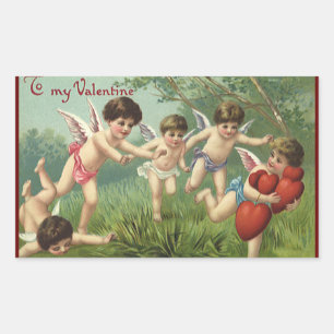 Sticker Rectangulaire Vintage Saint-Valentin Chérubins avec coeurs d'amo