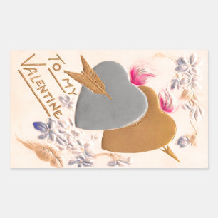 Sticker Rectangulaire Vintage Silver & Gold Hearts Valentine Postcard