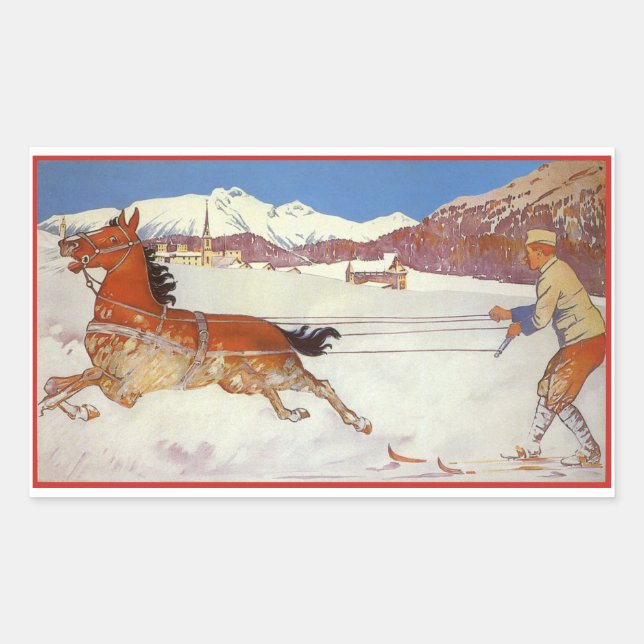 Sticker Rectangulaire Vintage voyage, hiver en Engadin Suisse (Devant)