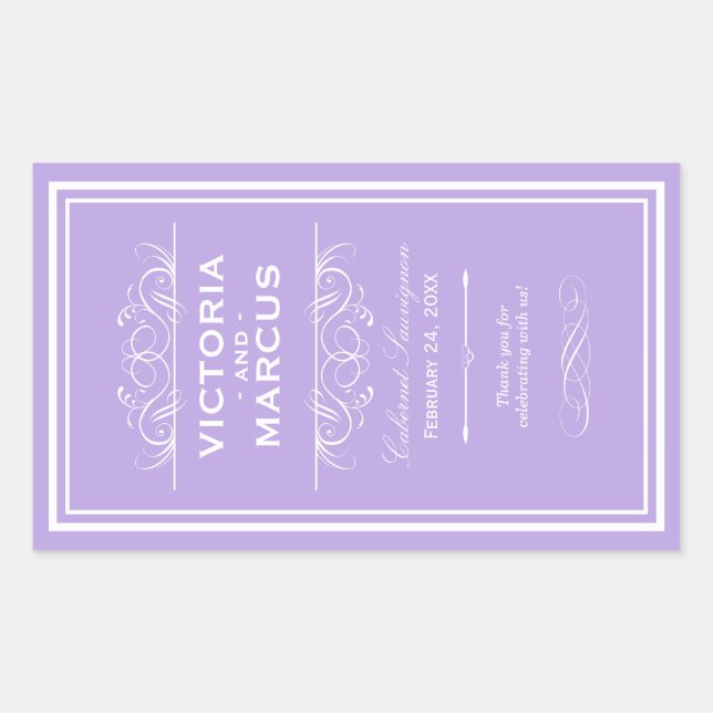 Sticker Rectangulaire Violet Elégant Mariage Monogramme Bouteille de vin (Devant)