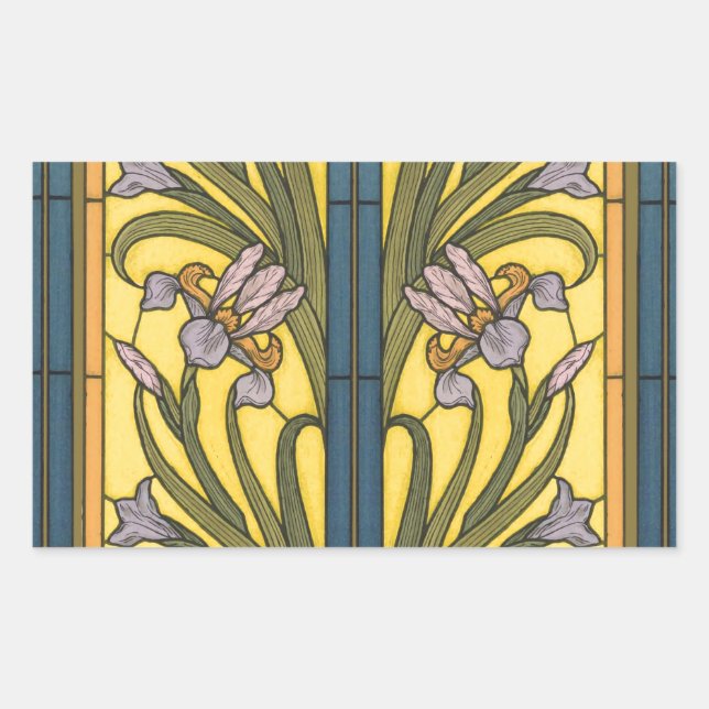Sticker Rectangulaire Vitrail Art Nouveau Fleur d'Iris Bleu Or (Devant)