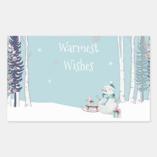 Sticker Rectangulaire Voeux les plus chauds Snowman avec neige Turquoise