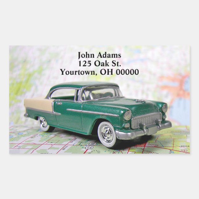 Sticker Rectangulaire Voiture rétro 1955 sur la carte routière (Devant)