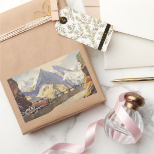 Sticker Rectangulaire Voiture Vintage sur Mountain Road en hiver avec ne