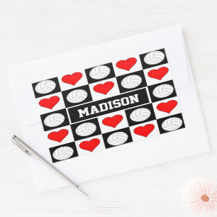 Sticker Rectangulaire Volleyballs & Coeurs Nom du joueur personnalisé Sp
