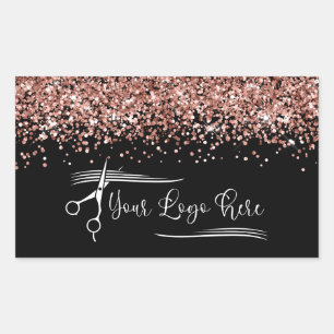 Sticker Rectangulaire Votre Logo Noir et Rose Or Paillettes Glamour