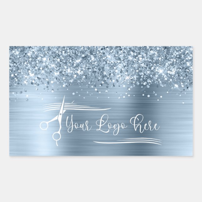 Sticker Rectangulaire Votre Logo Pailleté Bleu Clair Glamour (Devant)