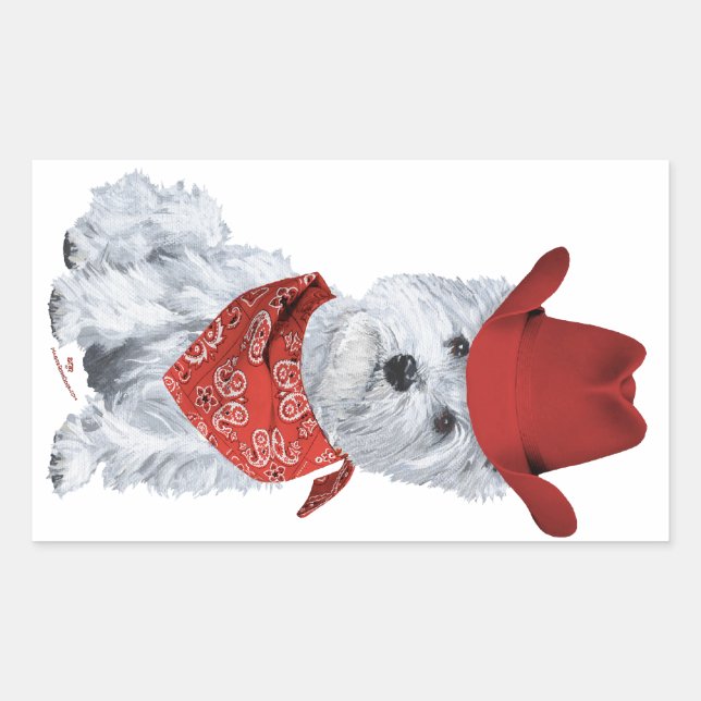 Sticker Rectangulaire Westie Cowboy en rouge (Devant)