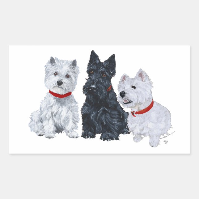 Sticker Rectangulaire Westies et un Scottie ensemble (Devant)