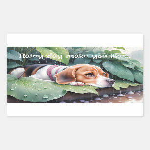 Sticker Rectangulaire Whimsical mignon Beagle Rainy Day Vert Botanique