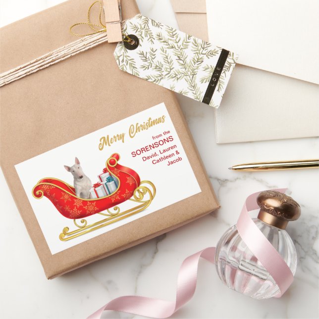 Sticker Rectangulaire White Bull Terrier Chien de Noël Sleigh (Cadeaux)