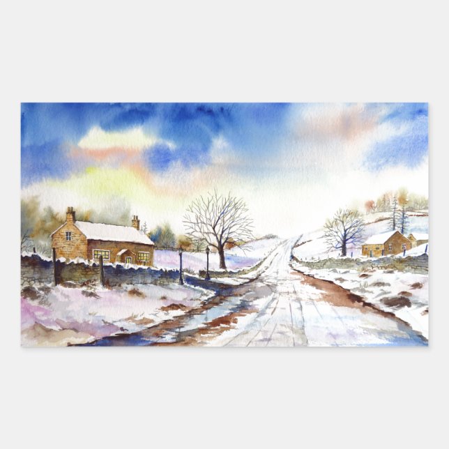 Sticker Rectangulaire Wintery Lane Watercolor (Devant)