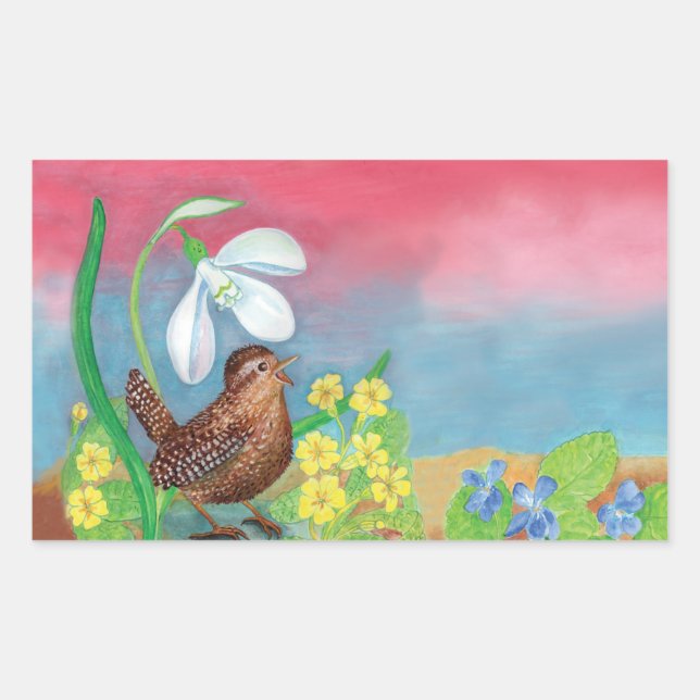 Sticker Rectangulaire Wire et neige d'Eurasie & Primroses (Devant)